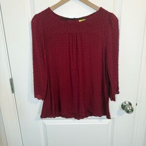 Anthropologie Maeve Maroon Scalloped Edge Blouse 3/4 Sleeve Size 10 M Swiss Dots